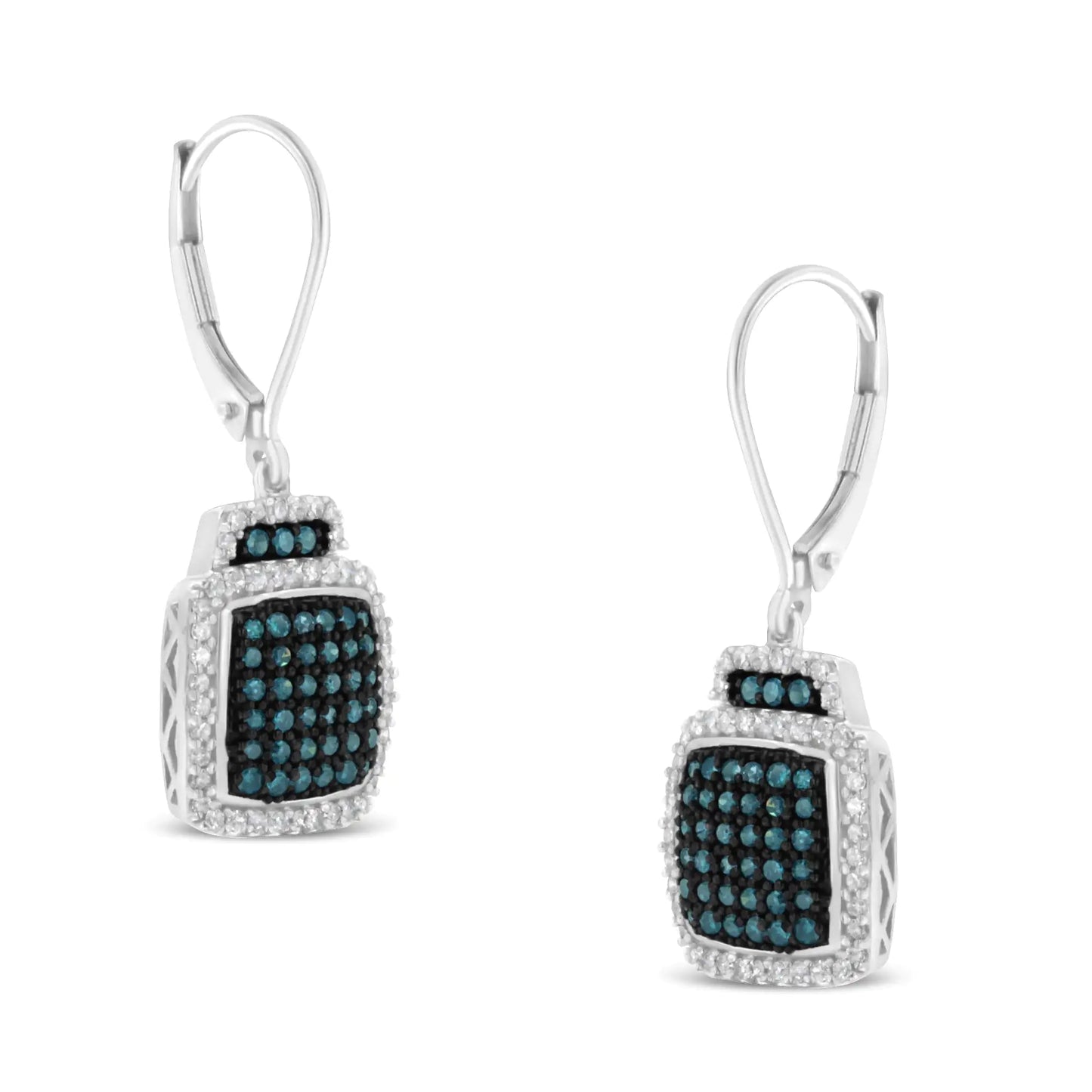 Black Rhodium over .925 Sterling Silver ¾ Cttw Blue and White Diamond Cushion Shaped Dangle Earrings (Enhanced Blue & I-J Color, I2-I3 Clarity)