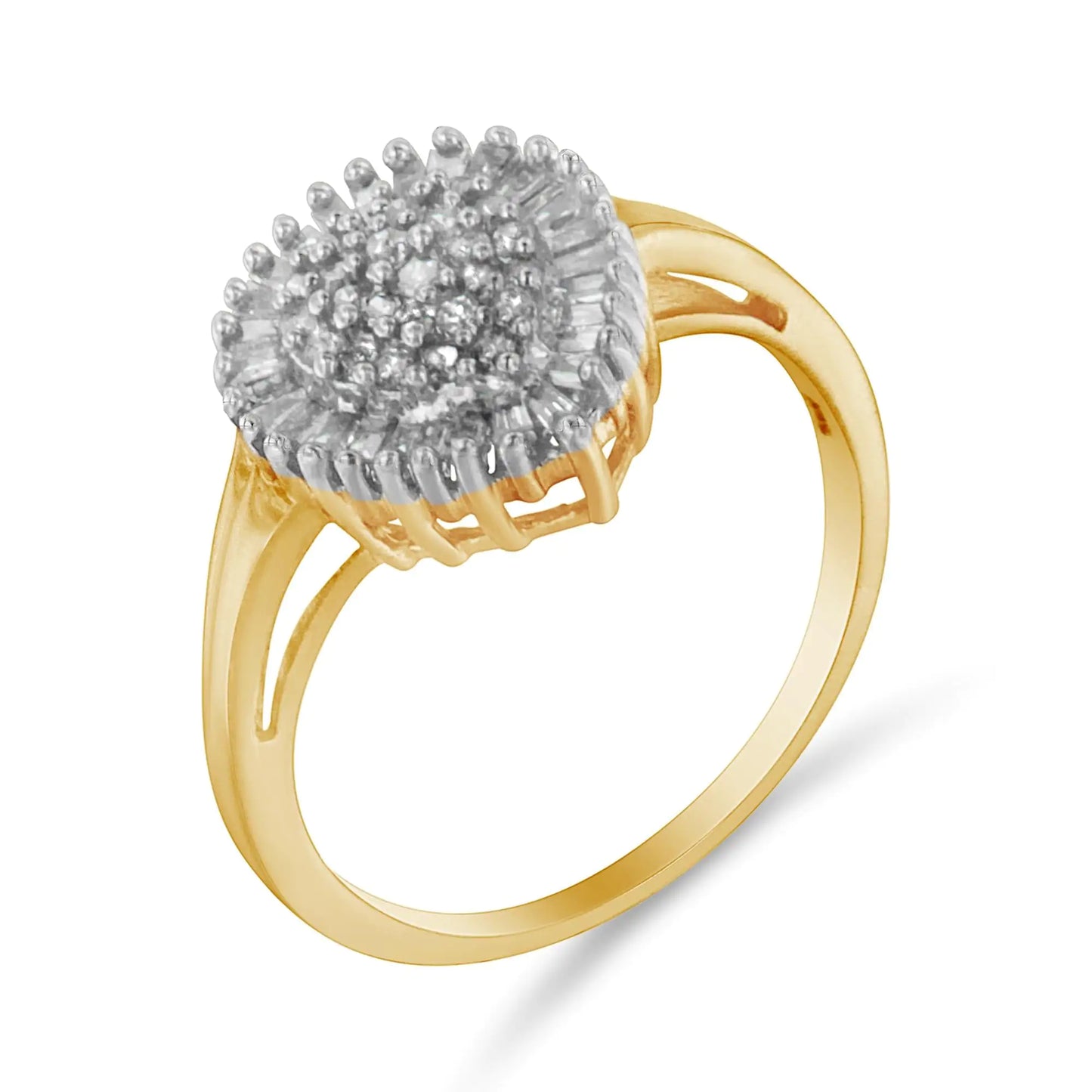 10K Yellow Gold 1/2 Cttw Round & Baguette Cut Diamond Pear Shaped Domed Pavé Cluster with Halo Cocktail Ring (J-K Color, I1-I2 Clarity)