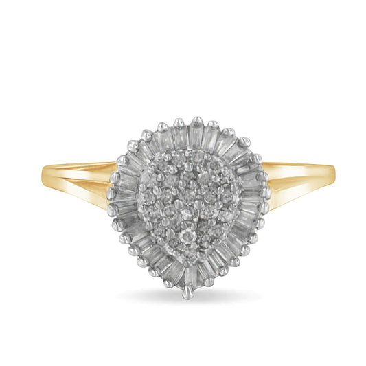 10K Yellow Gold 1/2 Cttw Round & Baguette Cut Diamond Pear Shaped Domed Pavé Cluster with Halo Cocktail Ring (J-K Color, I1-I2 Clarity)
