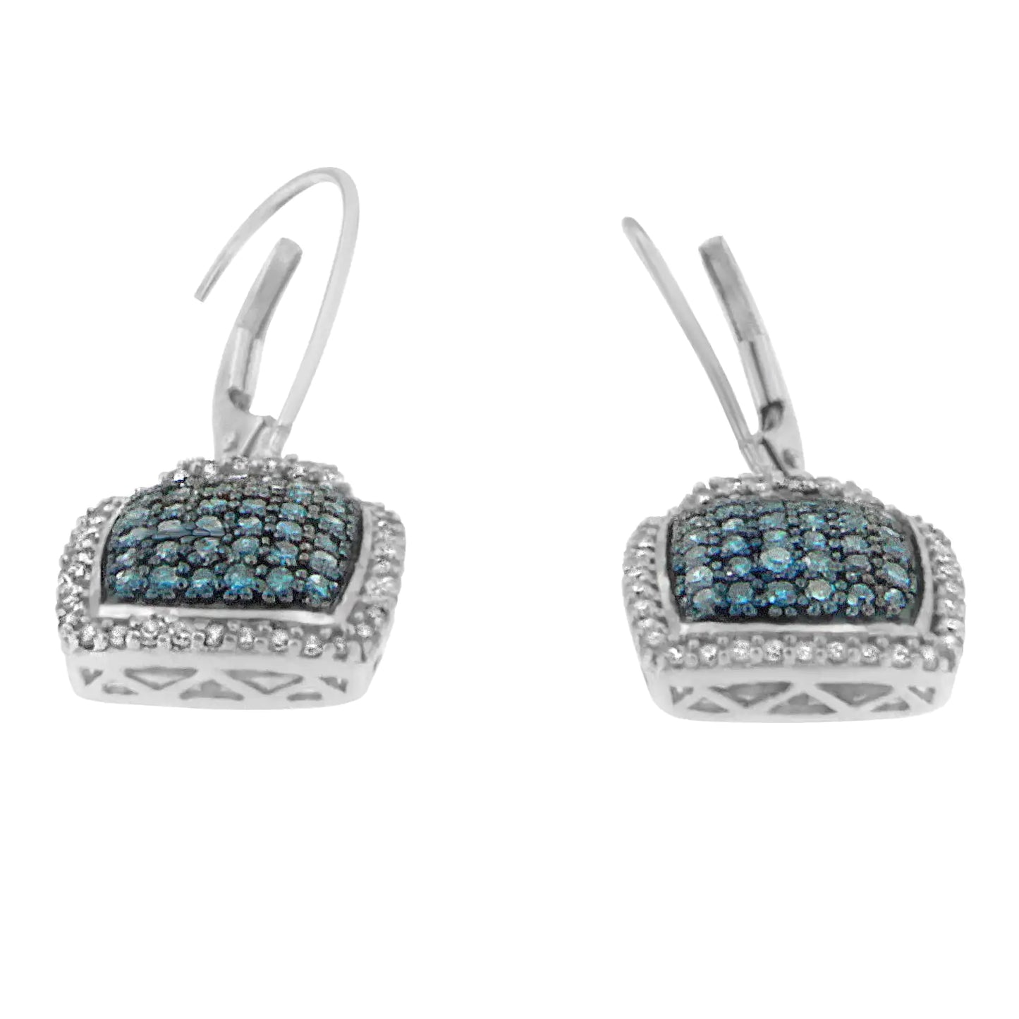 Black Rhodium over .925 Sterling Silver ¾ Cttw Blue and White Diamond Cushion Shaped Dangle Earrings (Enhanced Blue & I-J Color, I2-I3 Clarity)