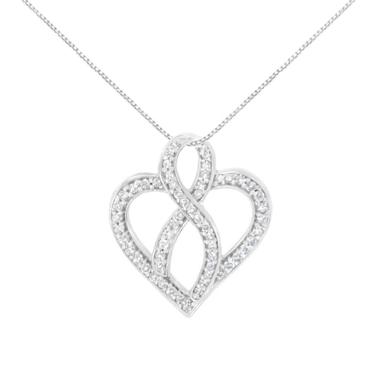14K White Gold 1/4 cttw Round Cut Diamond Heart and Ribbon Center Pendant Necklace (H-I, I1-I2)