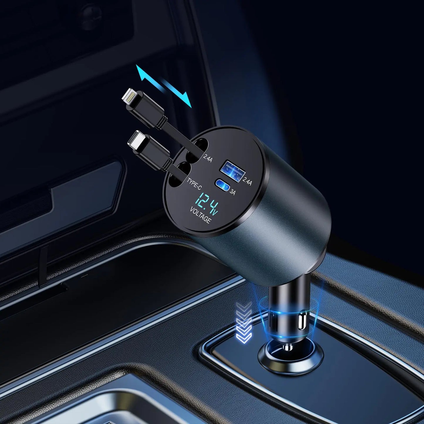 TIKTOK SHOP Retractable Car Charger, 4 in 1 Fast Car Phone Charger 66W, Retractable Cables and USB Car Charger,Compatible with iPhone 15/14/13/12/11,Galaxy,Pixel