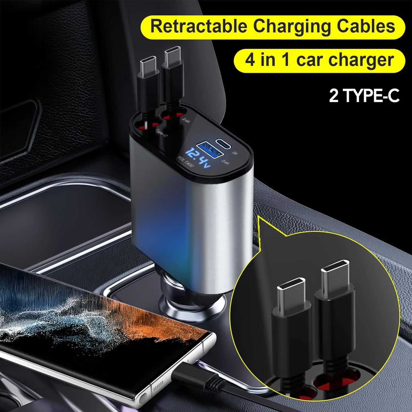 TIKTOK SHOP Retractable Car Charger, 4 in 1 Fast Car Phone Charger 66W, Retractable Cables and USB Car Charger,Compatible with iPhone 15/14/13/12/11,Galaxy,Pixel